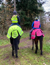 Load image into Gallery viewer, WATERPROOF QUARTER RUG or sheet with diagonal reflective stripe. Driver message on tail flap, optional lights.  Pink, hi viz orange or yellow.