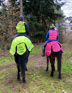 WATERPROOF QUARTER RUG or sheet with diagonal reflective stripe. Driver message on tail flap, optional lights.  Pink, hi viz orange or yellow.