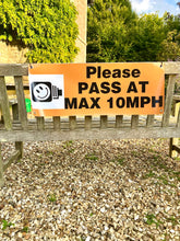 Load image into Gallery viewer, Vinyl PASS  AT MAX 10MPH banner for the back of a carriage. Yellow, orange or Pink.  Optional red flashing LED lights.