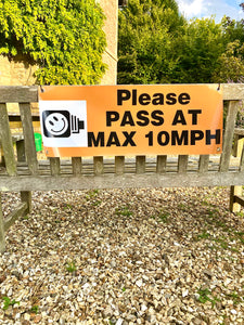 Vinyl PASS  AT MAX 10MPH banner for the back of a carriage. Yellow, orange or Pink.  Optional red flashing LED lights.