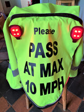 Load image into Gallery viewer, Mesh hi viz quarter sheet with the large driver message on the tail flap.  HI viz yellow, orange or pink!  LED lights can be added to the tailflap.
