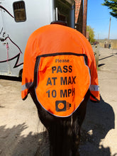 Load image into Gallery viewer, Mesh hi viz quarter sheet with the large driver message on the tail flap.  HI viz yellow, orange or pink!  LED lights can be added to the tailflap.