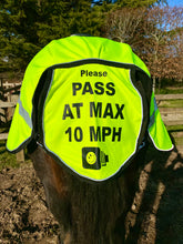 Load image into Gallery viewer, WATERPROOF QUARTER RUG or sheet with diagonal reflective stripe. Driver message on tail flap, optional lights.  Pink, hi viz orange or yellow.