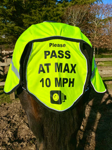 WATERPROOF QUARTER RUG or sheet with diagonal reflective stripe. Driver message on tail flap, optional lights.  Pink, hi viz orange or yellow.